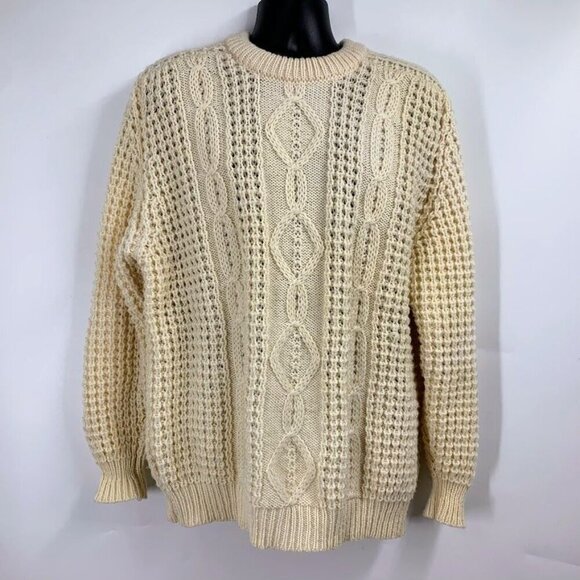 Flannery Men's Vintage 100% Wool Cable Knit Crew Neck Long Sleeve Swe Men's Vint - Picture 1 of 9